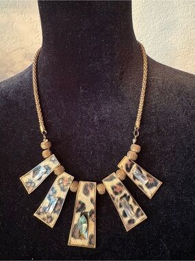 Gold-Tone Statement Pendant Necklace with Leopard Print Panels
